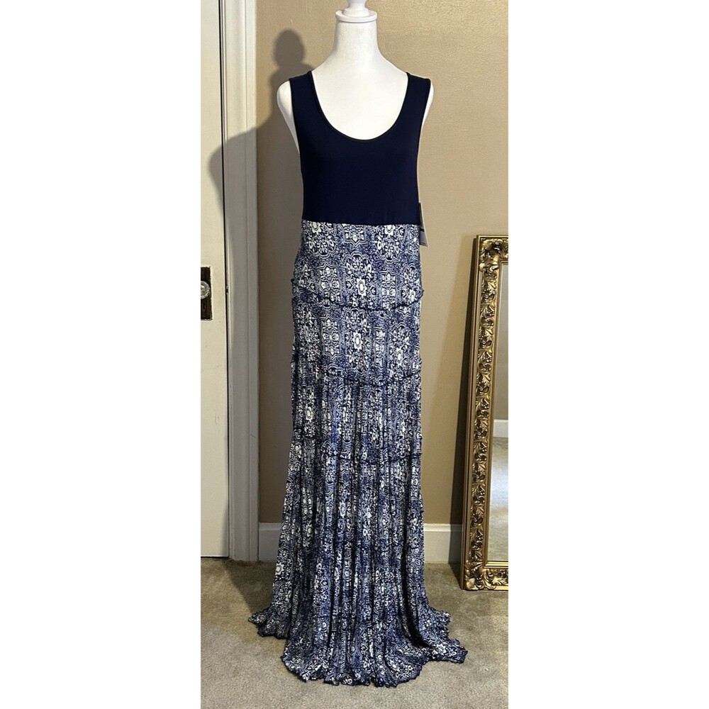 Karen Kane Maxi Dress Size L Blue Black Printed Sleeveless Casual
